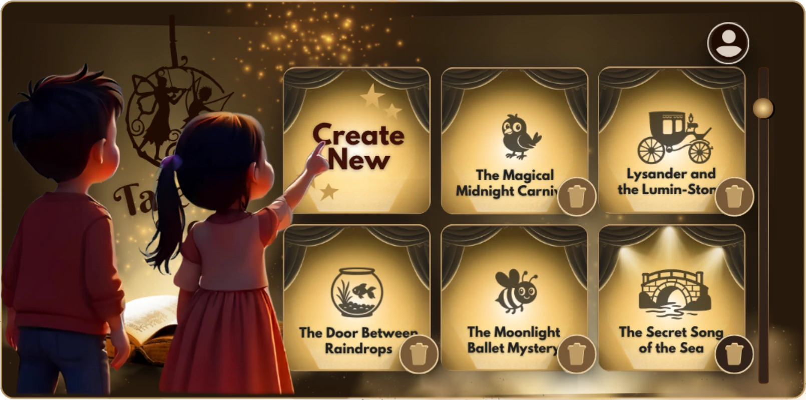 TalePop app showing a bedtime story with shadow-theater style illustrations